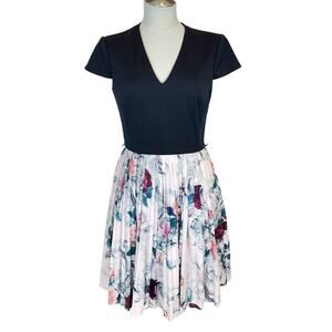 Ted Baker Navy and Floral Midi Dress